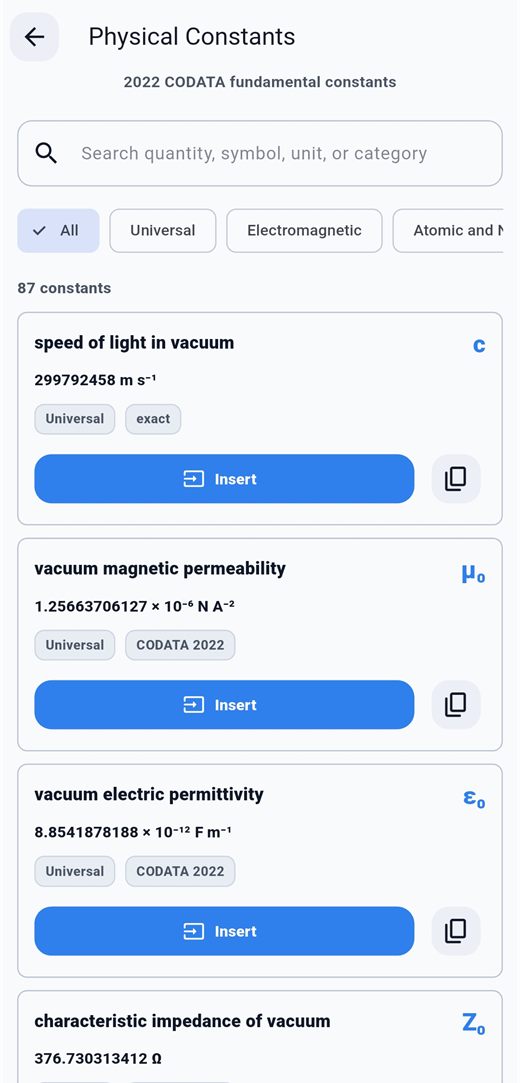 Physical constants list screen