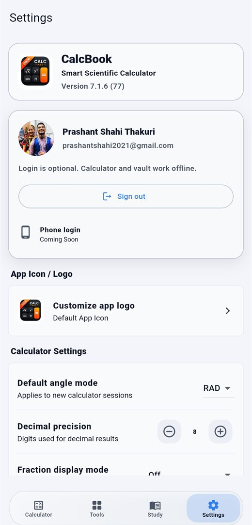 CalcBook settings screen